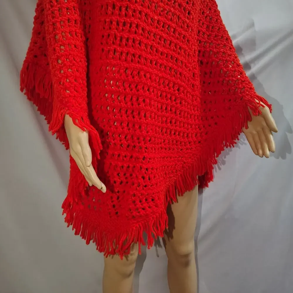 70s Crochet Poncho Red Fringe Boho Festivals Caplet Grannycore Cottagecore Knit